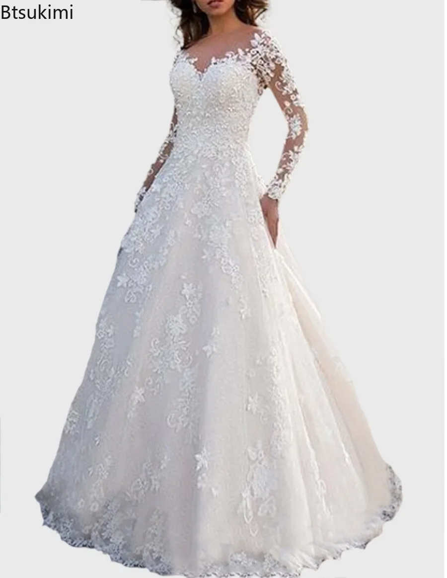 2026 Neues Damen-Cocktailkleid mit Spitze, Blumenstickerei, Maxikleid, Brautkleid mit langen Ärmeln und Reißverschluss am Rücken