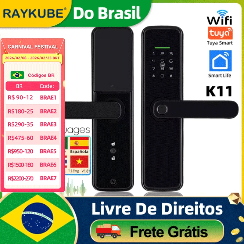 Faça brasil raykube k11 tuya wifi inteligente eletrônico impressão digital bloqueio de senha com bloqueio português/espanhol voz app desbloquear