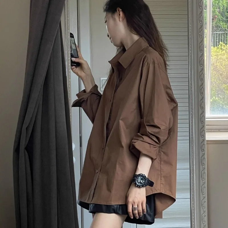 Maillard\'s Loose and Versatile Shirts Casual Coffee Colored Shirt Women\'s 2024 New Lazy Style Blouses Slimming Long Sleeved Top