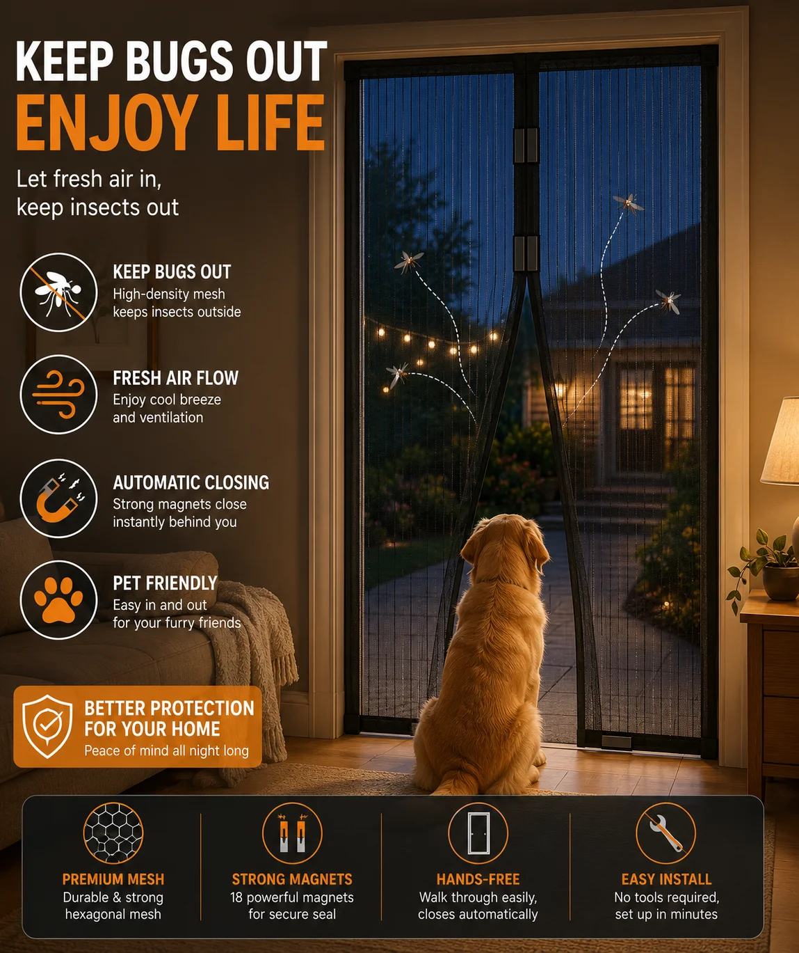 

Magnetic Screen Door Mesh Curtain Hands Free Automatic Closing Pet Friendly Keep Bugs Out Easy Installation