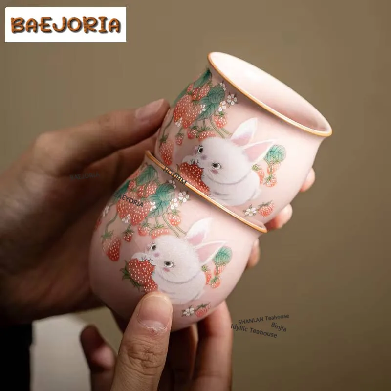 90ml Imitation Song Pink Ru Kiln Porcelain Teacup Strawberry Rabbit Master Cup Opening Tea Bowl Can Nourish Kung Fu Teaset Gifts