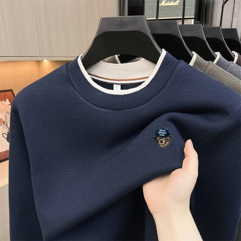 New Autumn Trendy Men's Advanced Knit Sweater Embroidery Solid Color Soft O-Neck Long Sleeve Tops Comfortable Casual Men's Wear