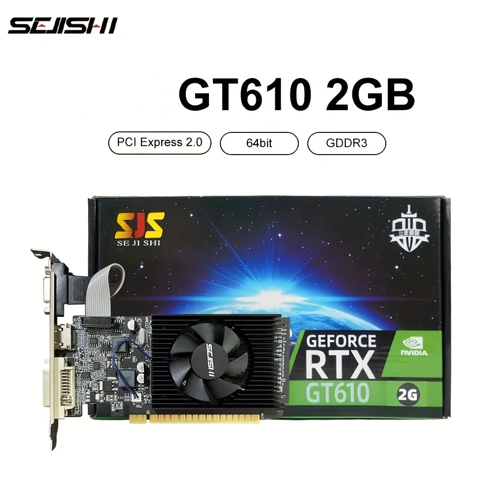 SEJISHI Video Card GeForce GT610 Display Vga Cards 2GB DDR3 64Bit Graphics Cards NVIDIA Game PC GT 610 2GD3 HD DVI VGA PCI-E2