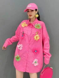 Sequined Diamonds Flowers Stitch Cotton Long Oversized Blouses Shirts For Women 2024 Spring Long Sleeve Shirt Y2K Tops Blusas