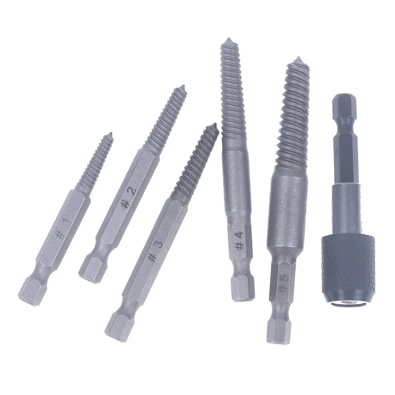 Alat Ekstraktor Sekrup Rusak 6-Piece, Ekstraktor Sekrup Ulir Rusak, Alat Penghilang Sekrup Ulir Rusak dengan Gagang Hexagonal Elektrik