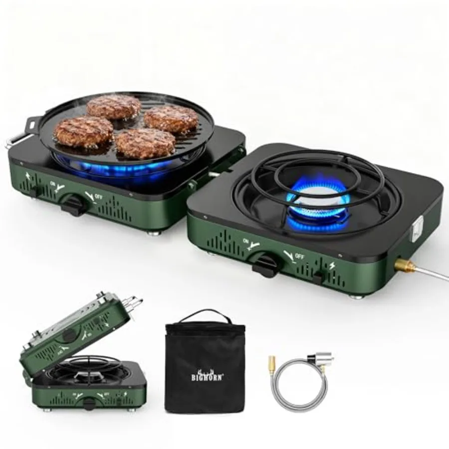 

OUTDOORS 2 Burner Propane Camping Stove Portable Camp Stove Folding Gas Stove Includes Frying Pan and Carry Bag for Camping Eme