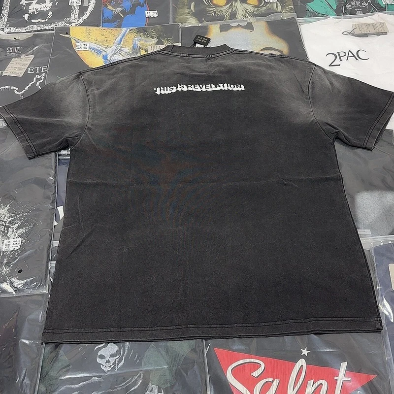 Real Photo Vintage Distressed Washed Worn Black Saint Tshirts Splashed Ink Letter Print Short Sleeves Summer Men Women Tops