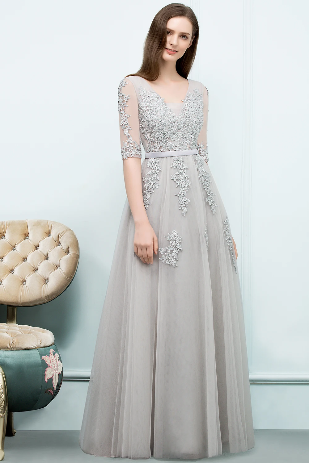 BABYONLINE Sliver Evening Dress with Sheer Sleeves & Floral Embroidery, Elegant A-Line Gown with V-Back for Wedding Party