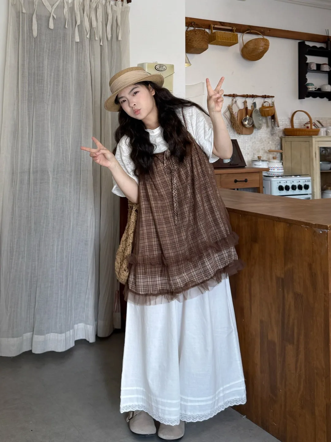 

plus Size Women's Vintage Japanese Style Mesh Plaid Halter Top And Wide Leg Pants Set High Waist Loose Fit Summer New Arrival