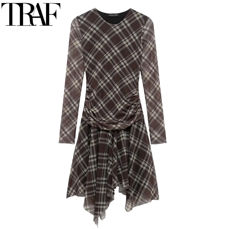 

TRAF Women's Dress Check Tulle Long Dress Women Ruched Long Sleeve Vintage Dresses Spring Bodycon Asymmetric Midi Dresses Women