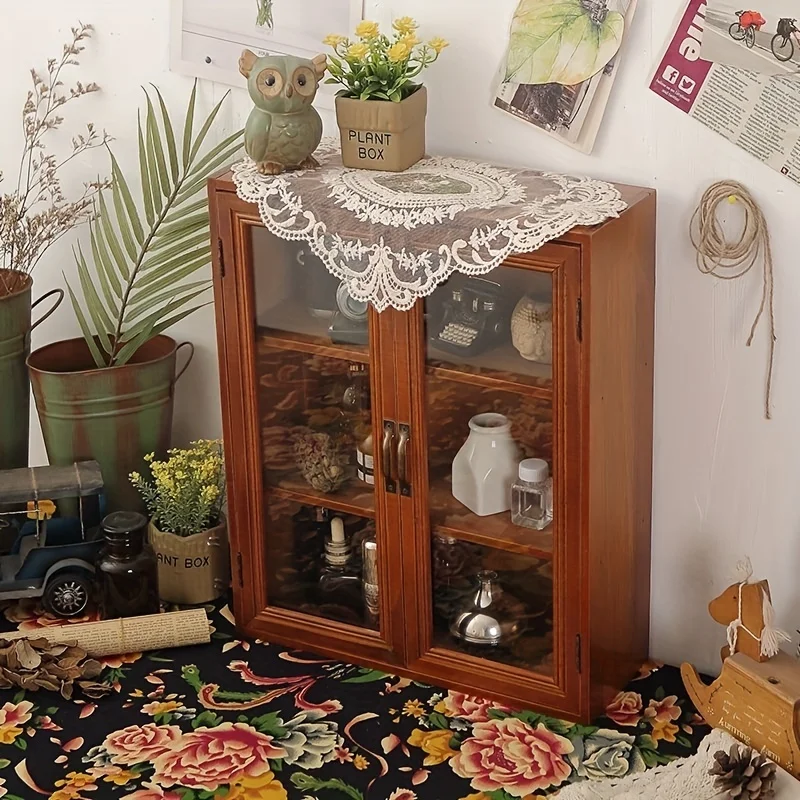 Mini solid wood vintage two-door display cabinet Sundry cosmetics storage drawer Desktop tea cabinet