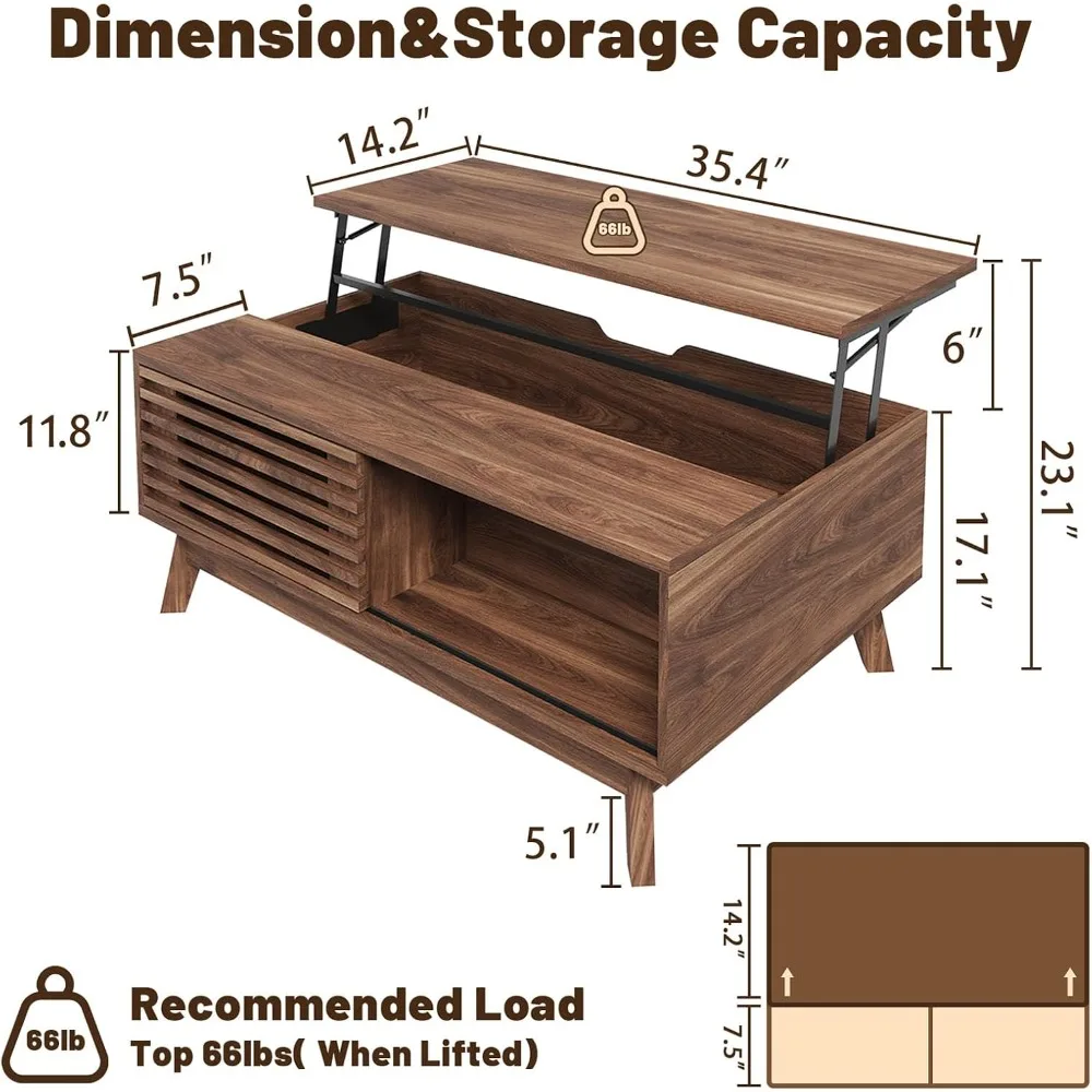 Mid Century Modern Lift Top Coffee Table with Storage, Walnut Living Room Table featuring Sliding Feature