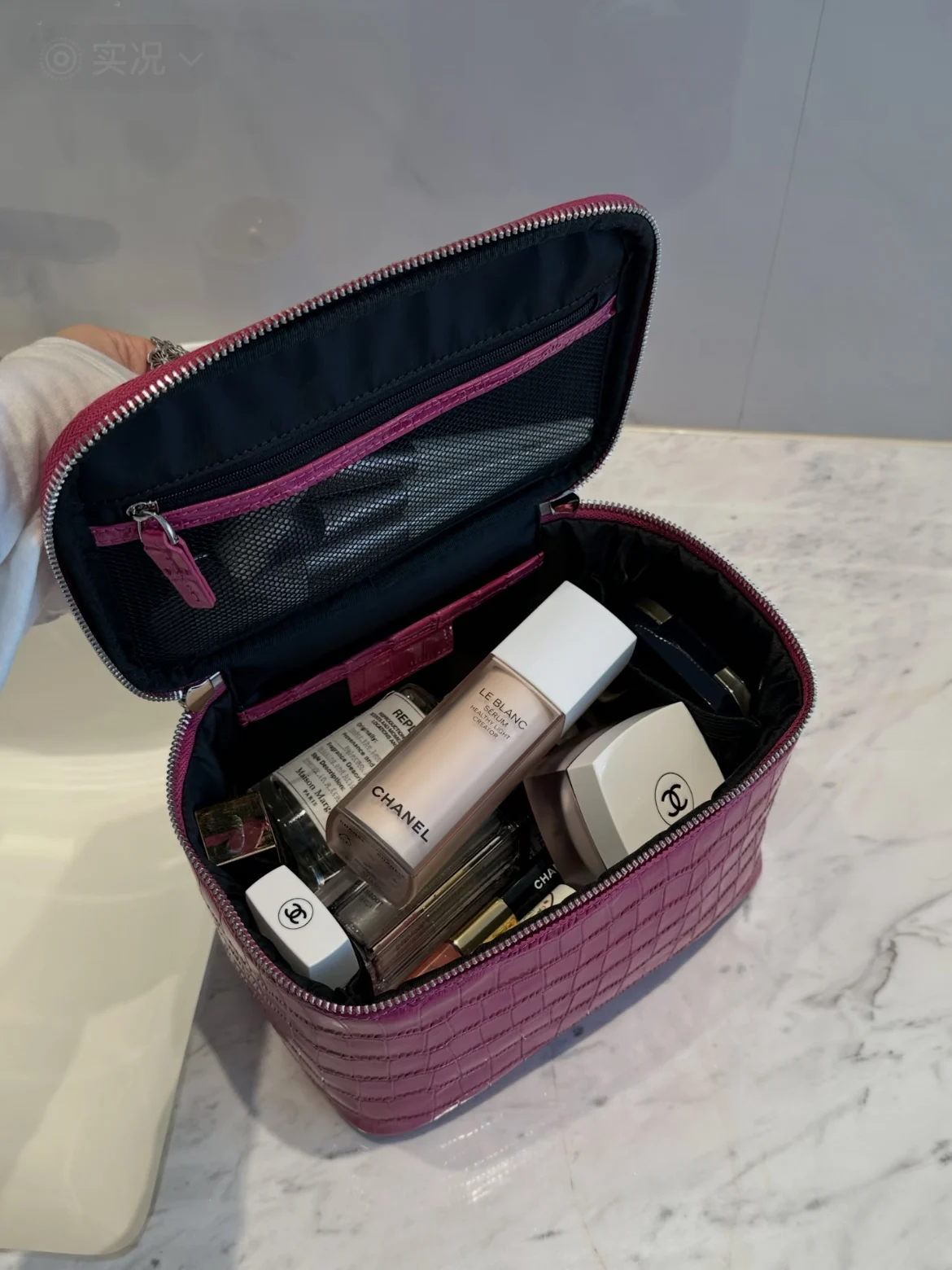 Crocodile Pattern Cowhide Cosmetic Bag Rose Red Light Luxury Genuine Leather Women Travel Portable Toiletry Storageanity Case