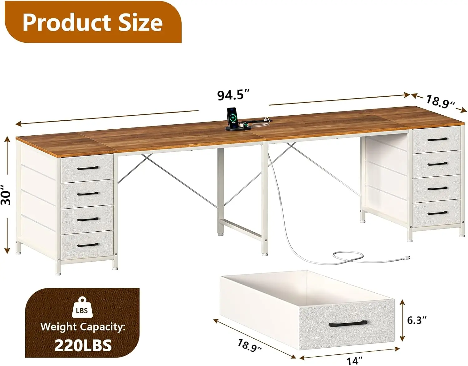 مكتب لشخصين مع 8 أدراج، محطة عمل على شكل حرف I، أبيض عتيق، منافذ USB #2