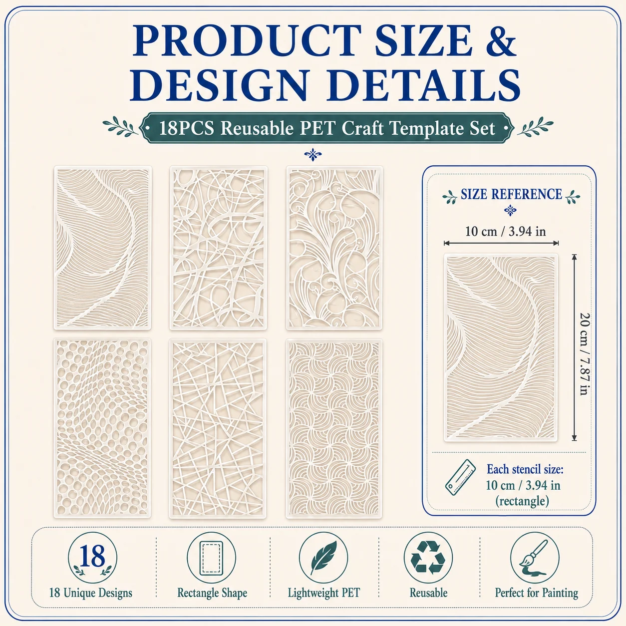 18Pcs Abstract Texture Stencils Reusable PET Painting Templates for Wall Wood Fabric Glass Furniture Crafts