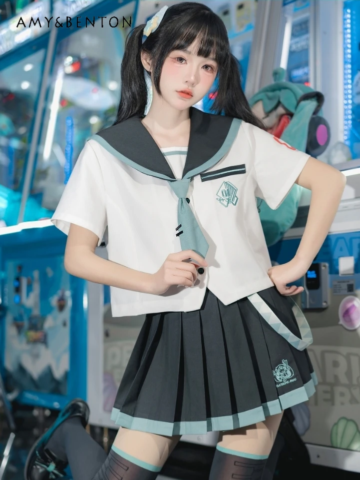 Japanese Anime JK Uniform Sweet Cute Sailor Collar Short Sleeve Shirt Pleated Skirt Two-Piece Sets Women Preppy Style Outfits