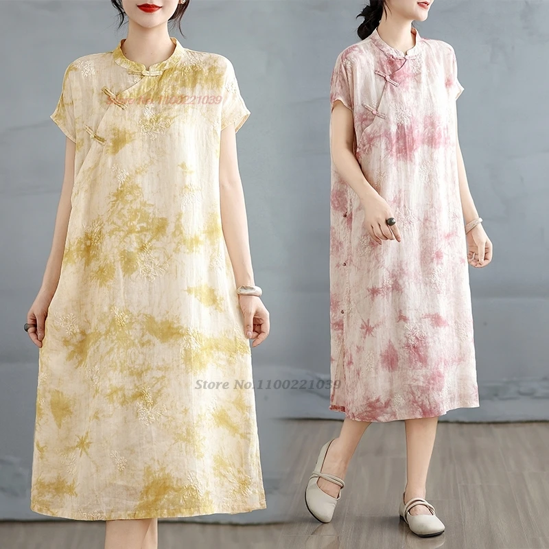 

Китайское винтажное платье 2025 года, платье трапециевидной формы с цветочным принтом, традиционное платье Ципао, восточное этническое свободное платье Ципао, народное Ципао