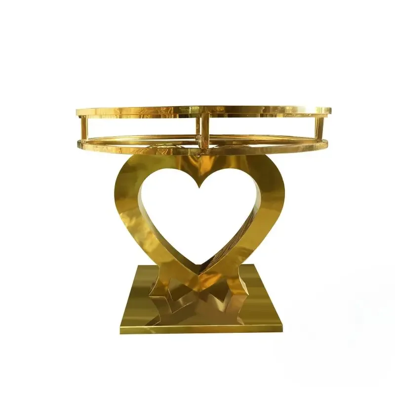 Luxury Heart Base Wedding Table Gold Stainless Steel Crystal Pendant Round Side Glass Mirror Top Cake Table Set