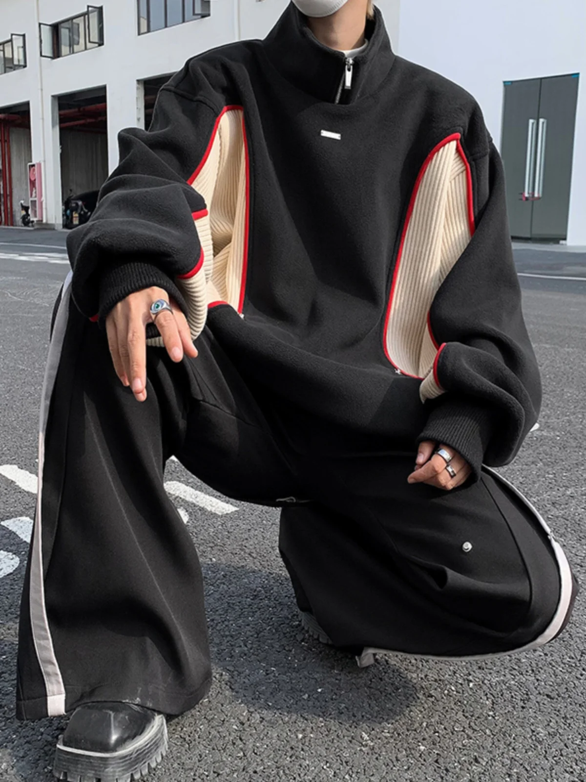 

Thiened Fce Motorcycle Sweatirt Men's Winter Jaet Color Blo American irt oulder Pads Zipper f Chain St...