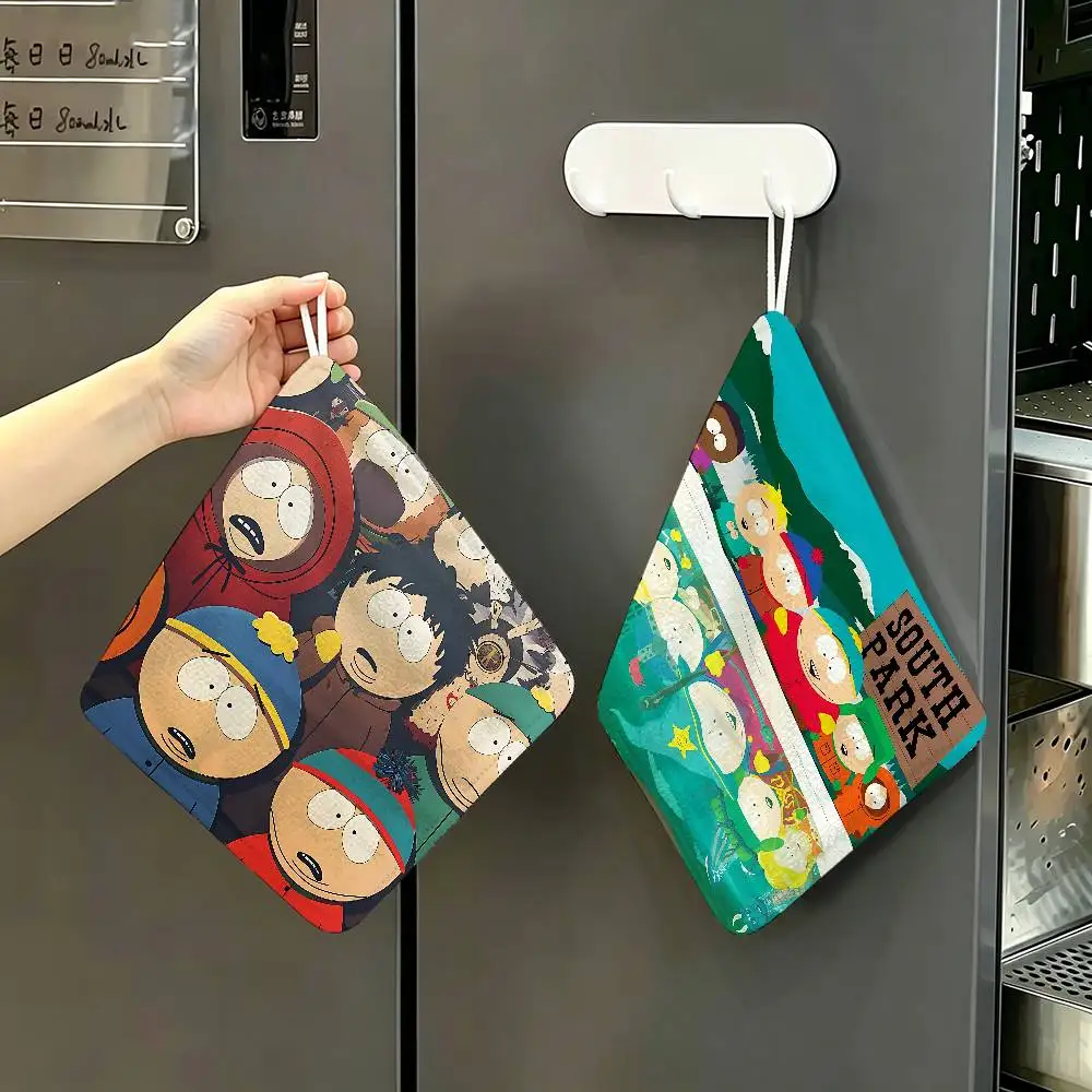 Cartoon S-South Cute P-Park Polyester Cotton Hanging Hand Towel, Super Absorbent Hand Wiping Towel for Daily Household Use