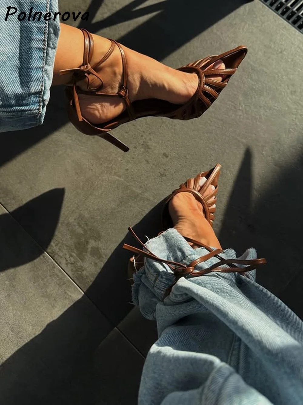 Brown Caged Lace Up Sandals Thin Heels Pointed Toe Stiletto Gladiator Sandals Party Dress Shoes Solid Summer Women Concise Shoes view 2