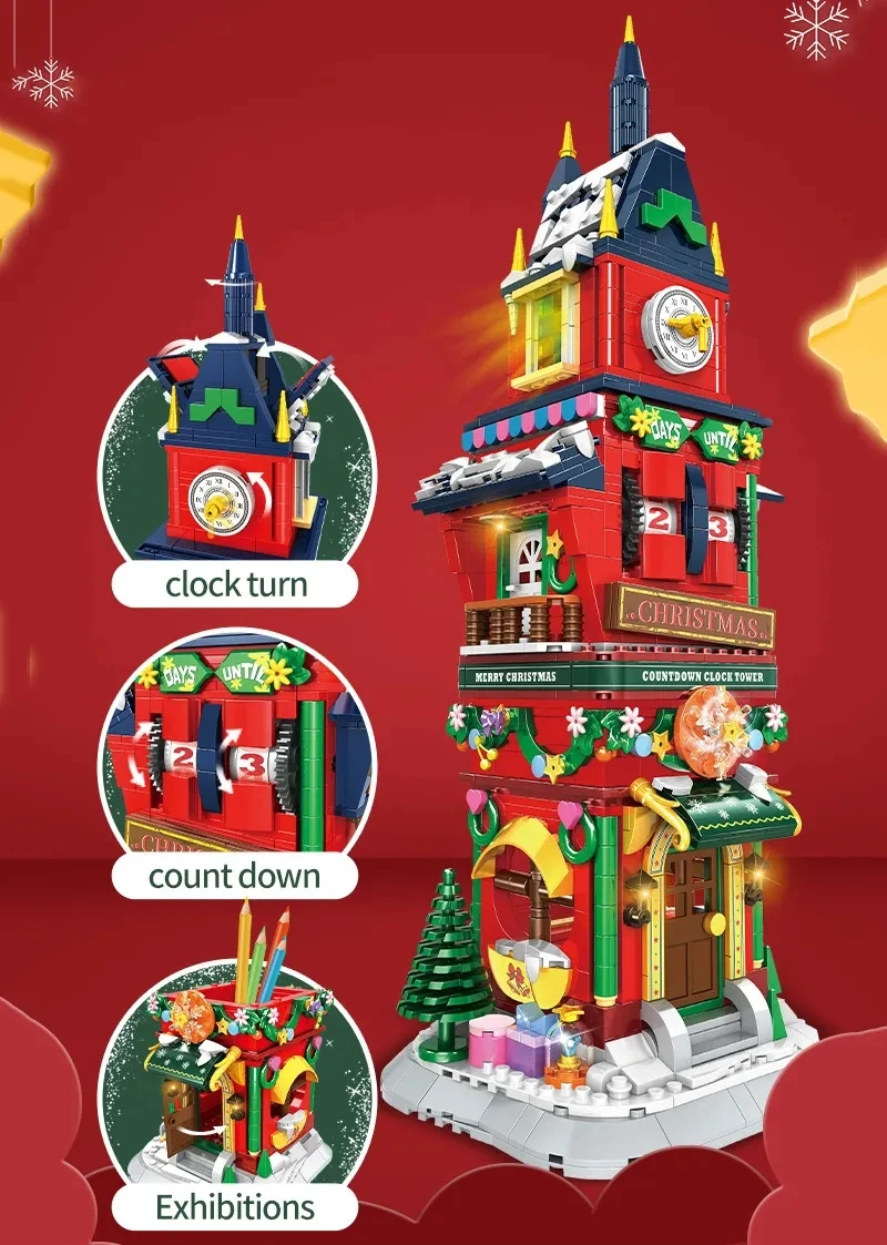 2023 City Creativity Winter Village Christmas Eve Count Down Tower Model Building Blocks Bricks Kids Toys Christmas Gift