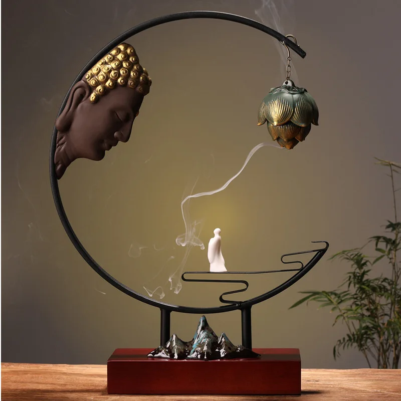 

Zen Meditation Indoor Multifunctional Aroma Diffuser Ceramic Buddha Statue Hanging Metal Ball Backflow Incense Burner +20Incense