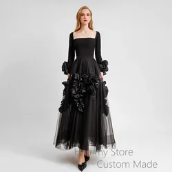 Fashion Black Prom Dress Handmade Rose Flowers Long Sleeves Square Neck Tulle A Line Saudi Arabic Evening Dresses Party Gown