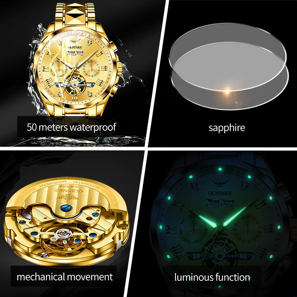 OUPINKE 3240 Skeleton Flywheel Multifunctional Automatic Mechanical Watches for Men 44mm Large Dial Tungsten Steel Luxury Watch