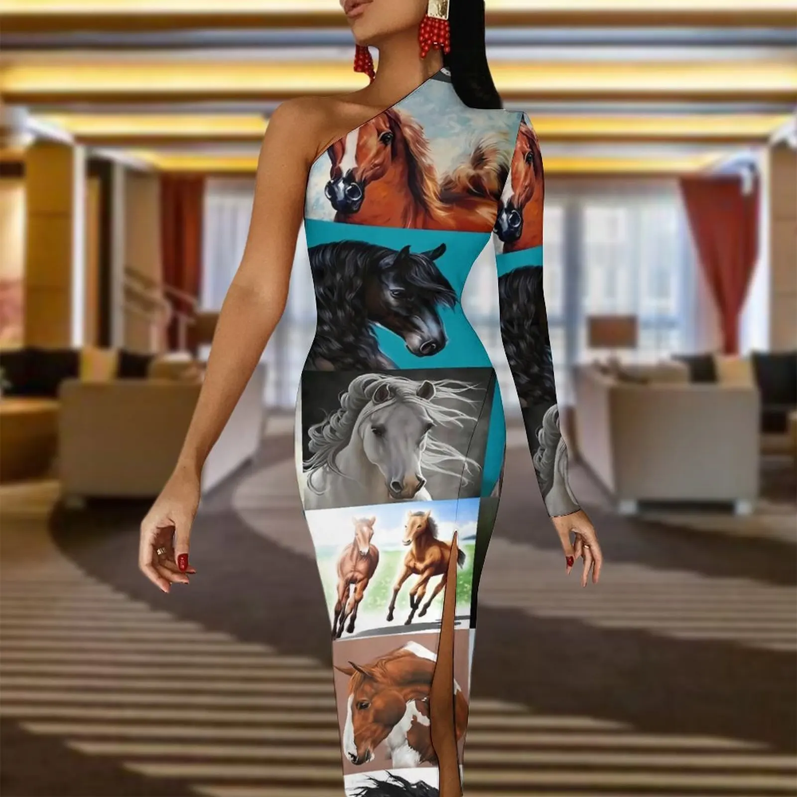 Koc dla konia obcisła sukienka wiosna nadruk zwierzęcy seksowne długie sukienki z wysokim rozcięciem z długim rękawem z nadrukiem sukienka w stylu ulicznym