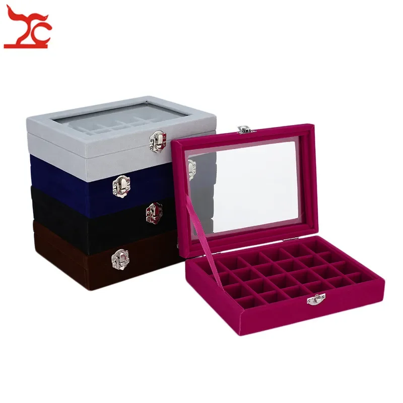 Glass Lid 24 Grids Velvet Jewelry Rind Joyeros Display Organizer Holder Case Women Makeup Storage de joyas Casket Multi Colors