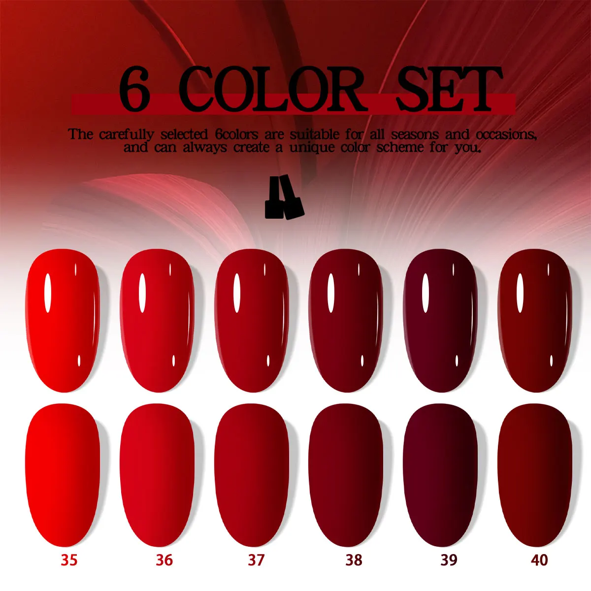 Ein 6er-Pack rotbrauner Gel-Nagellacke, langlebig und einfach aufzutragen, sanft zu den Nägeln, erfordert LED-Aushärtung. – Detail 2