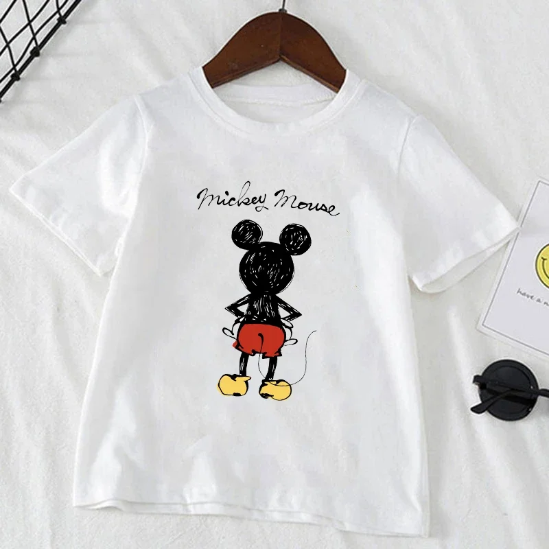 Cute Minnie Mickey Mouse Print Kids T-shirt Summer Short Sleeve White Color Tops Tees Harajuku Boys Girls Disney Tshirts Clothes