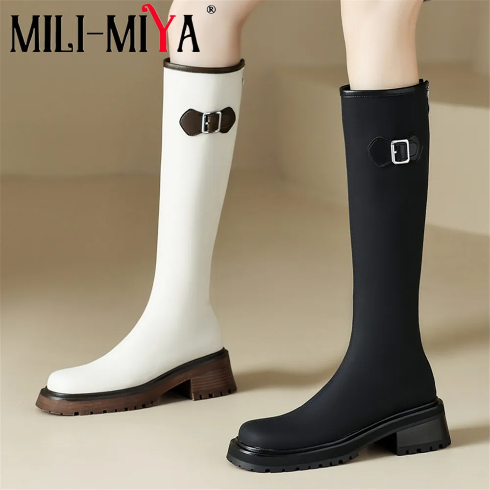 

MILI-MIYA New Arrival Plus Size 34-42 Women Stretch Microfiber Knee High Boots Round Toe Thick Heels Middle Zippers Solid Color