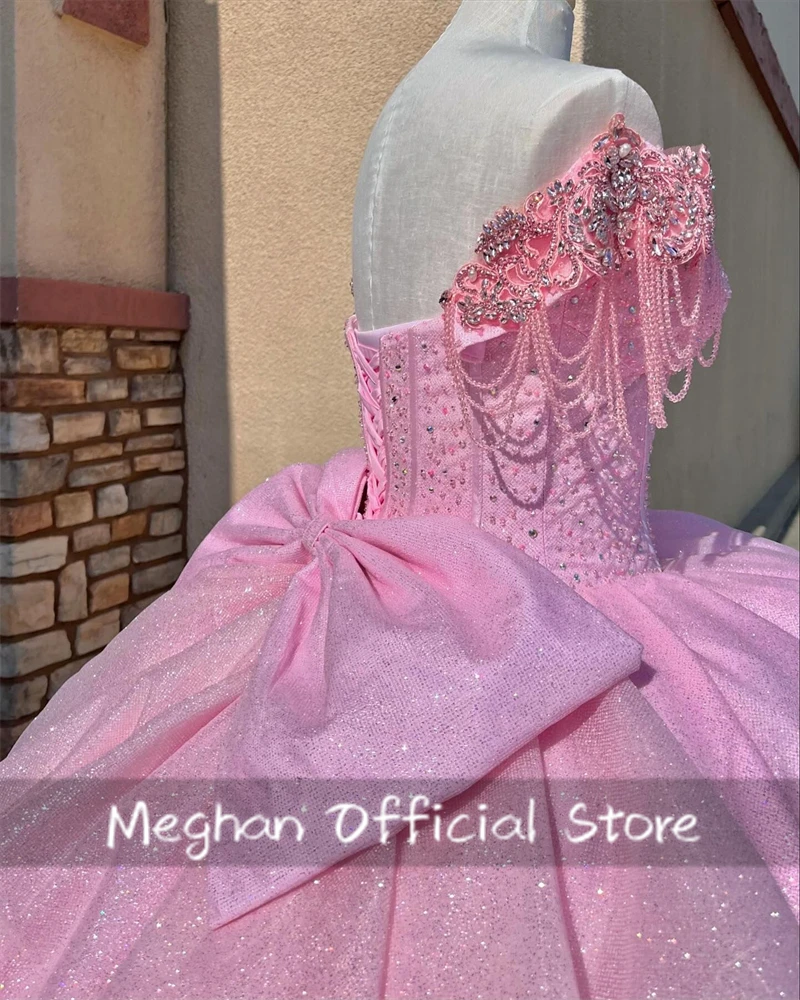 Robe de Quinceanera rose mexicaine pour femmes, robe de Rh, robes perlées, nœud à pampilles, robe de fête d'anniversaire, Sweet 15, 2024