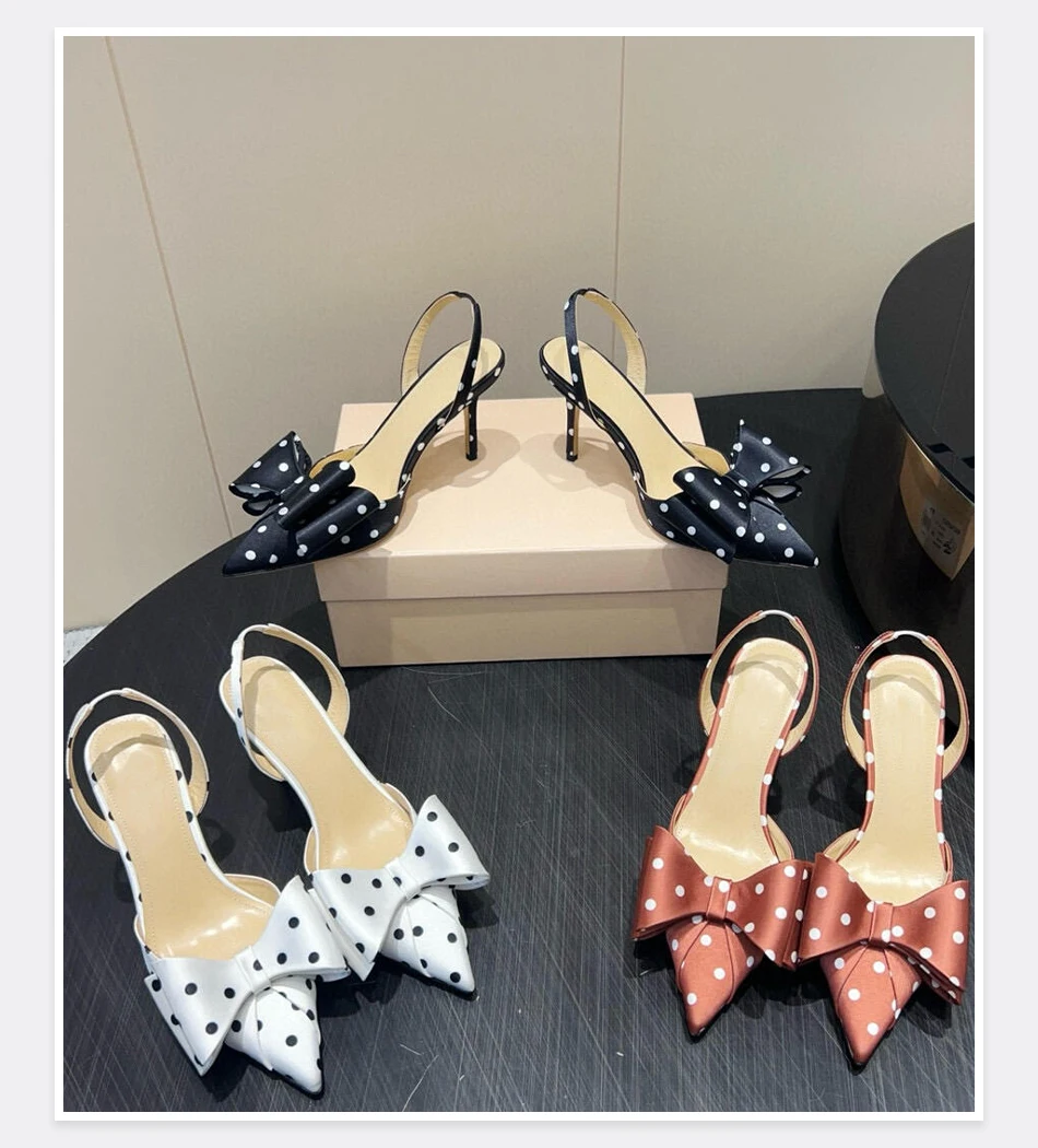 

Bow pointed slender heel high heels for summer, new French style elegant temperament, women's shoes with a back strap