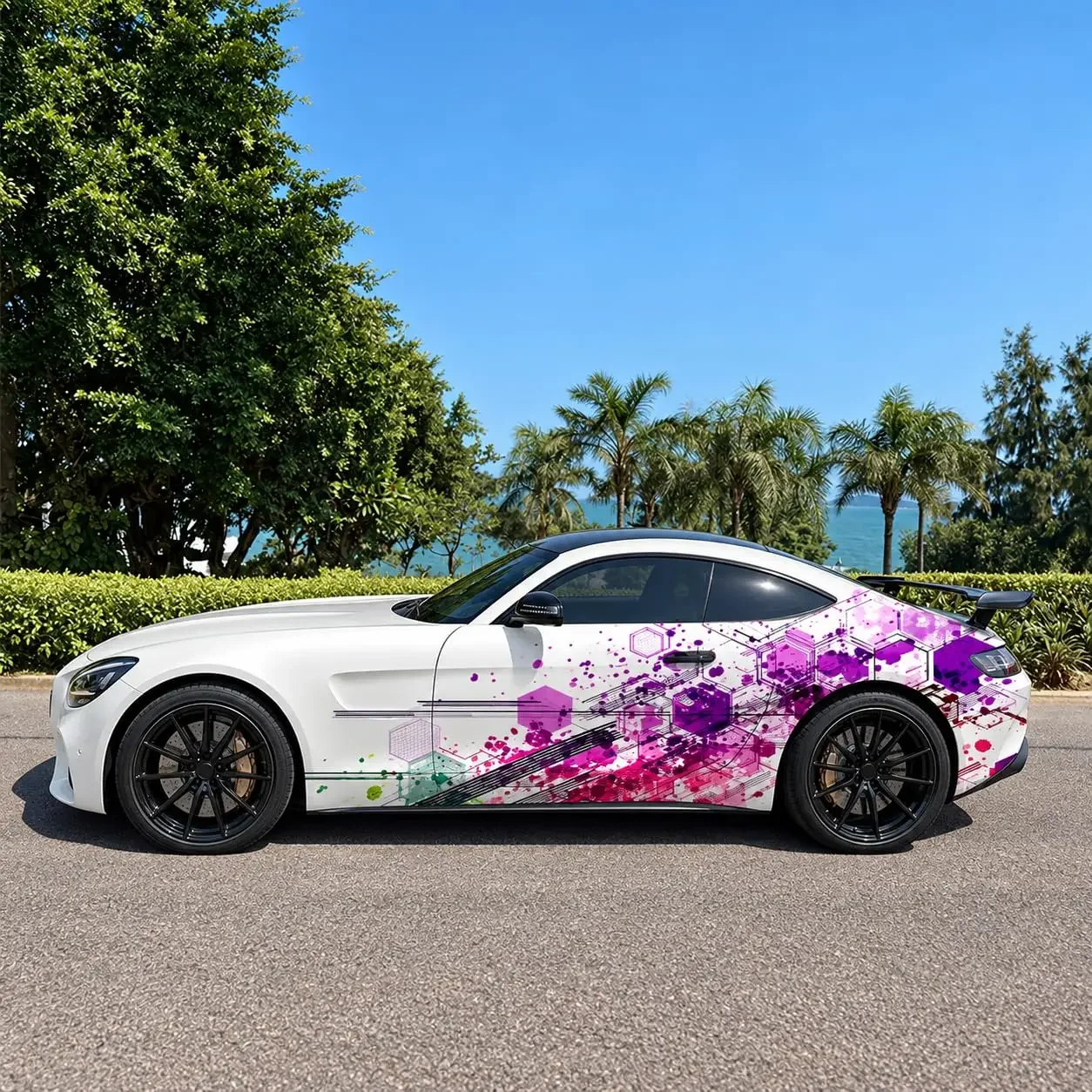 Purple Hexagon Splatter Car Wrap Vinyl Decal, Full Body