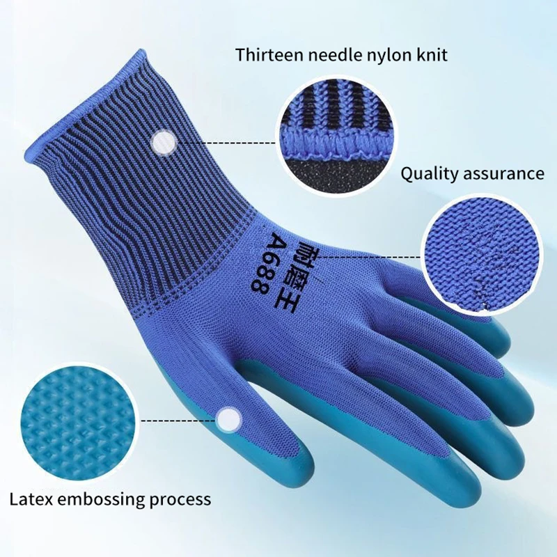 1 par de guantes protectores resistentes al desgaste de trabajo de látex en relieve guantes de trabajo de seguridad de nailon antideslizantes