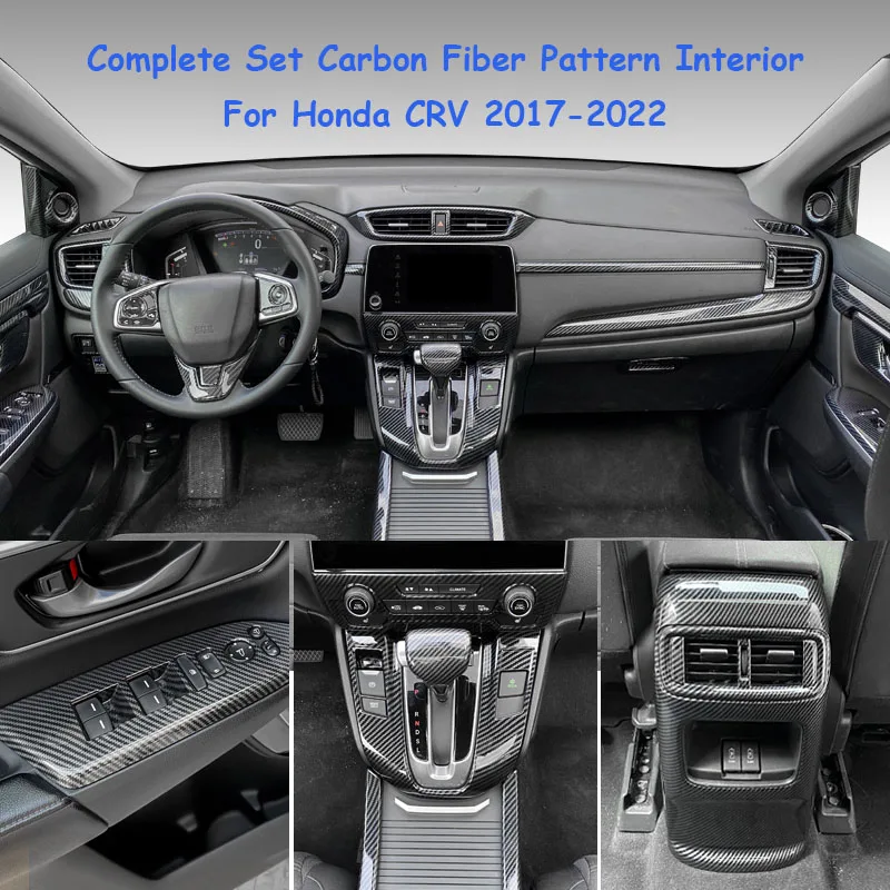 For Honda CRV CR-V 2017 2018 2019-2021 Carbon Fiber Pattern Overlay on Dashboard, Door,Steering Wheel, Gearshift Interior Trim