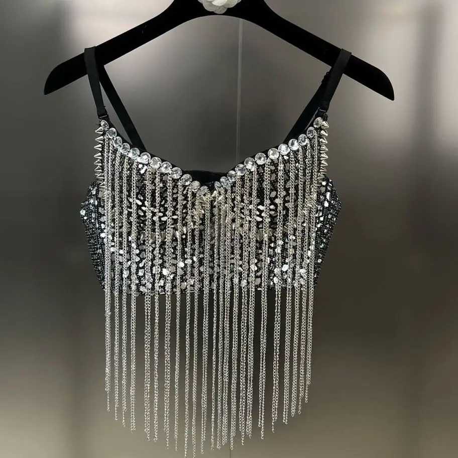 Sexy Trend Sequin Metal Chain Tassel Sling Women's Shiny Personality Rivet Design Slim Camisole Female 2023 Summer