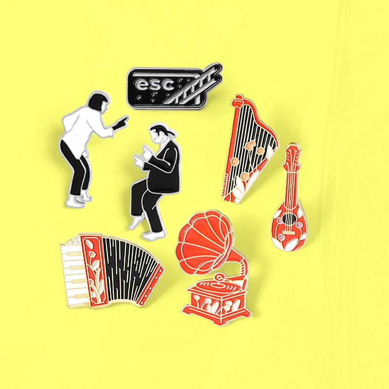 Enamel Pins Custom Phonograph Accordion Guitar Pin Badge Jewelry Gift Black red style  Pines Pulp Fiction Vintage Instrument