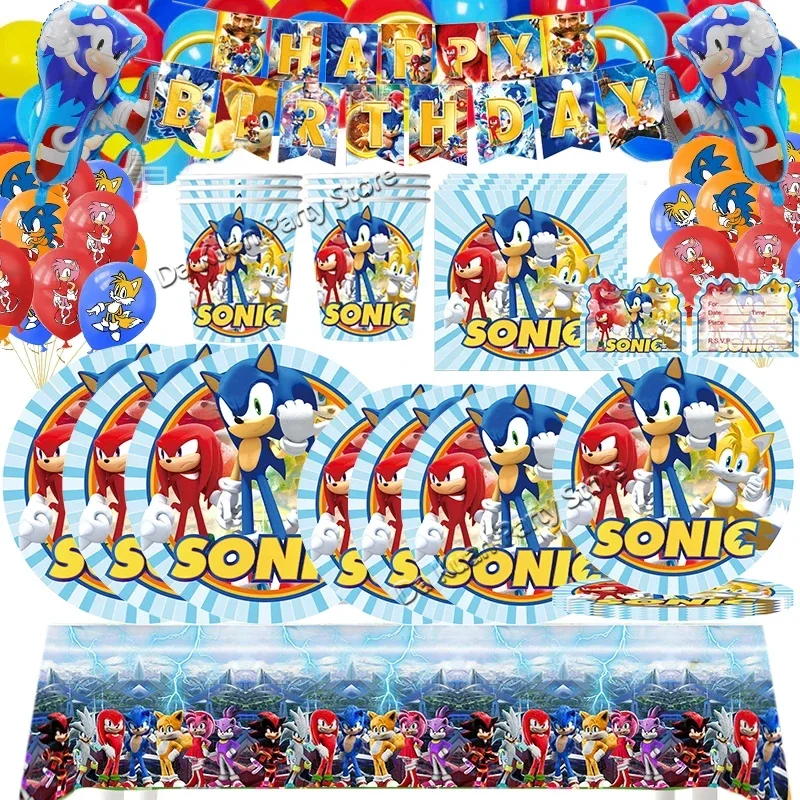 Sonic the Hedgehog Birthday Party Decor Sonic Disposable Tableware Tablecloth Plate Cup Gift Bag Kids Favor Gifts Party Supplies