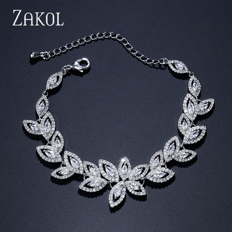 ZAKOL Fashion Zirconia Flower Charm Bracelets for Women Micro Paved Leaf Bracelet Bridal Wedding Party Jewelry