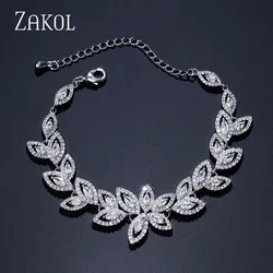 ZAKOL Fashion Zirconia Flower Charm Bracelets for Women Micro Paved Leaf Bracelet Bridal Wedding Party Jewelry