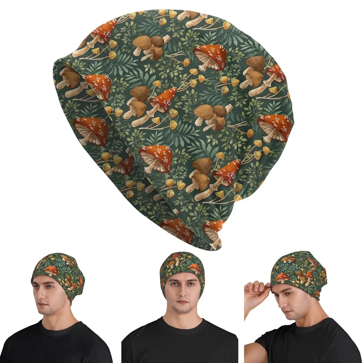 

Woodland Mushroom Spray Skullies Beanies Hats Warm Autumn Winter Outdoor Cap Knitted Bonnet Caps for Unisex Adult
