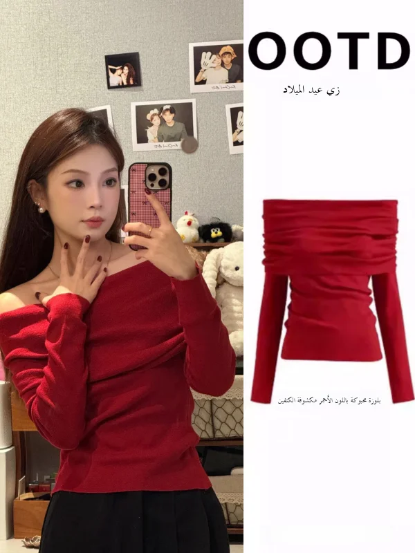 

Red One-Shoulder Knitted Sweater Women's Autumn Winter down Jacket Inner Wear Base Shirt New Year's Outfit Soft Korean Style ...