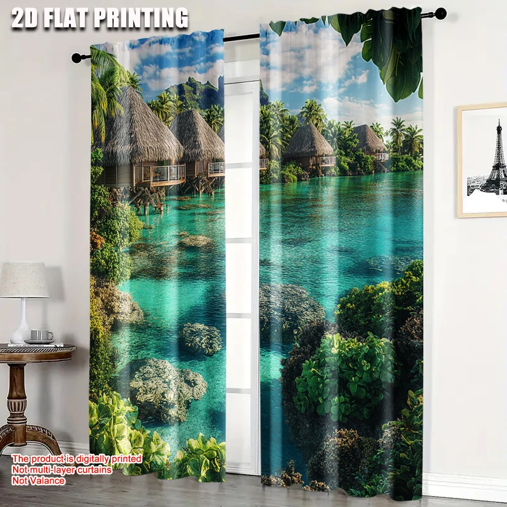 

2pc, Curtains Island Palm Trees Versatile Polyester Fabric,Without Electricity Versatile Suitable for Seasonal Decorations