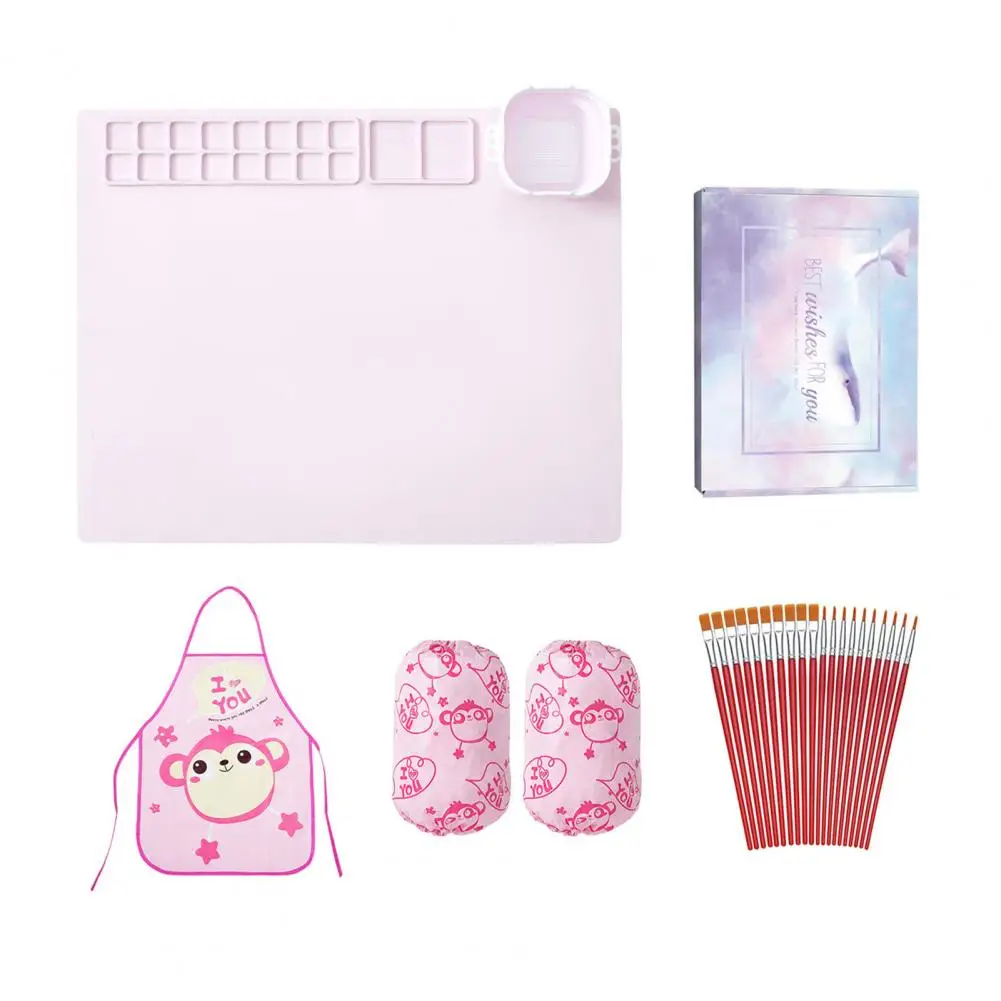 Juego de suministros de arte para niños, tapete de pintura de silicona con taza, delantal, Kit de manga de pincel para niños, creatividad lavable para pintar