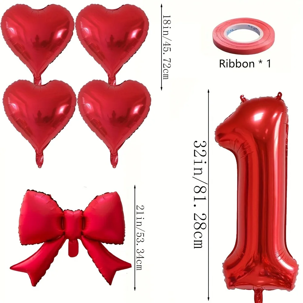 6 قطع/مجموعة بالونات من رقائق القلب الأحمر مع أرقام وشرابات على شكل فيونكة لديكور أنيق لذكرى الزفاف وأعياد الميلاد #5