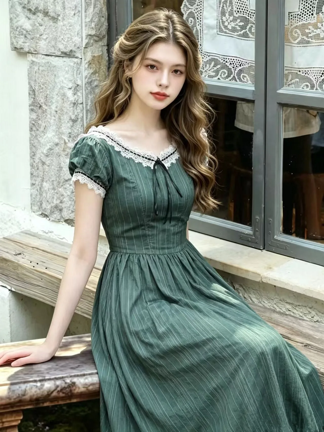 84-96cm Bust Women's Elegant Slimming Dark Green Striped Summer Dress Vintage Medieval European Court Style with a Flared Skirt